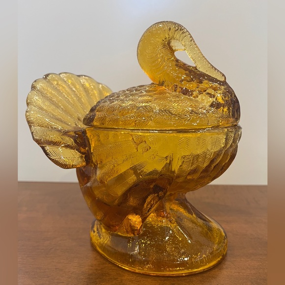 Vintage Amber Glass LE Smith Turkey Candy Dish - Picture 1 of 7